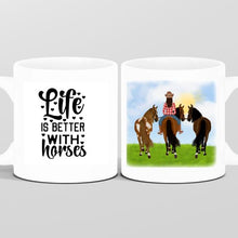 Laden Sie das Bild in den Galerie-Viewer, Personalisierte Pferdetasse Reiter mit Handpferd