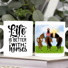 Laden Sie das Bild in den Galerie-Viewer, Personalisierte Pferdetasse Reiter mit Handpferd